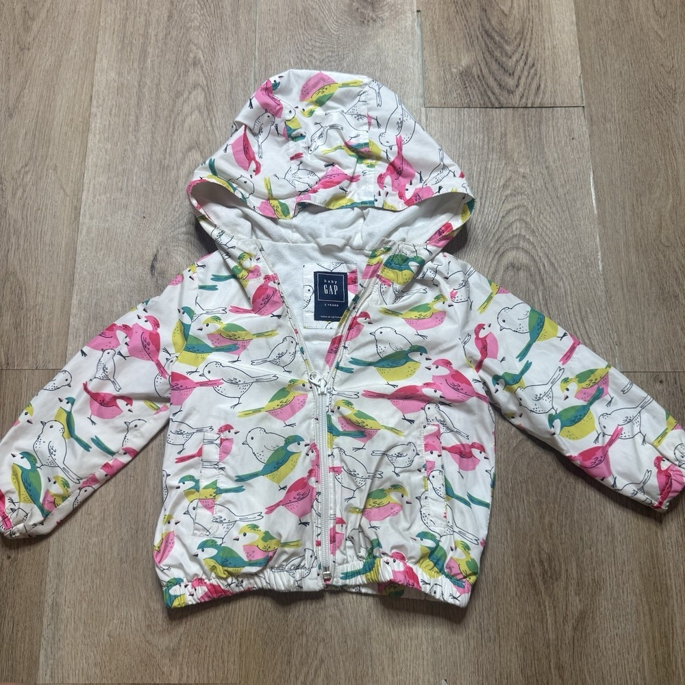Baby Gap 2T Wind Breaker Jacket Hoodie Bird Overall Print‎ Bright Spring